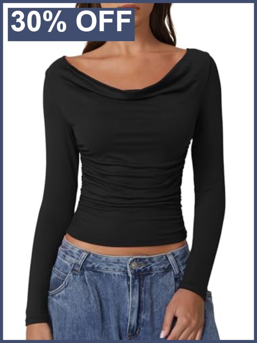 Women Cowl Neck Long Sleeve Double Lined Fitted Crop Top